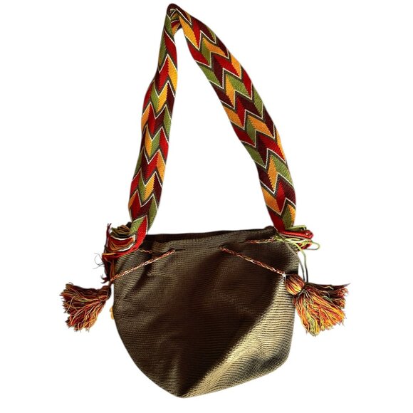 Handwoven Wayuu Mochila Tote Bag With Zigzag Strap & Tassels Colombian Kacki Grn - Picture 5 of 12